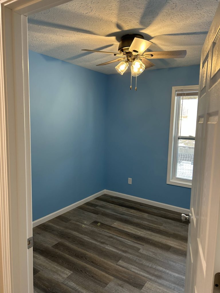 Small remodeled room with blue walls, dark wood-look vinyl plank flooring, and a ceiling fan with lights.