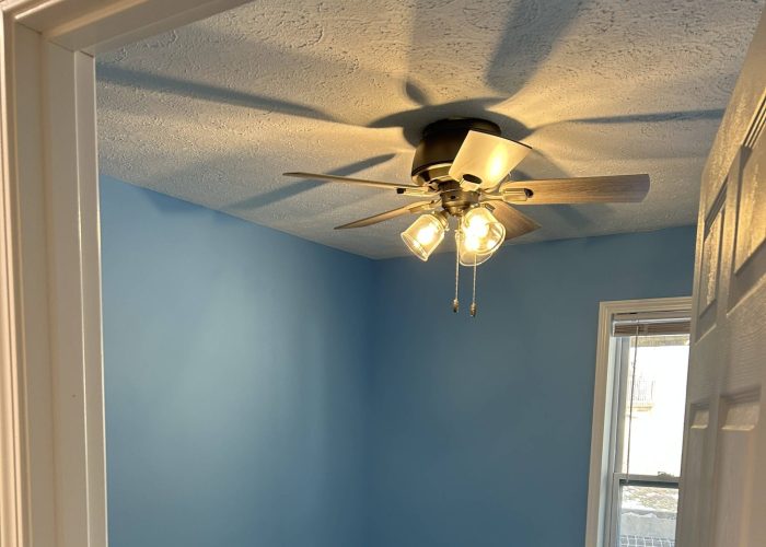 Small remodeled room with blue walls, dark wood-look vinyl plank flooring, and a ceiling fan with lights.