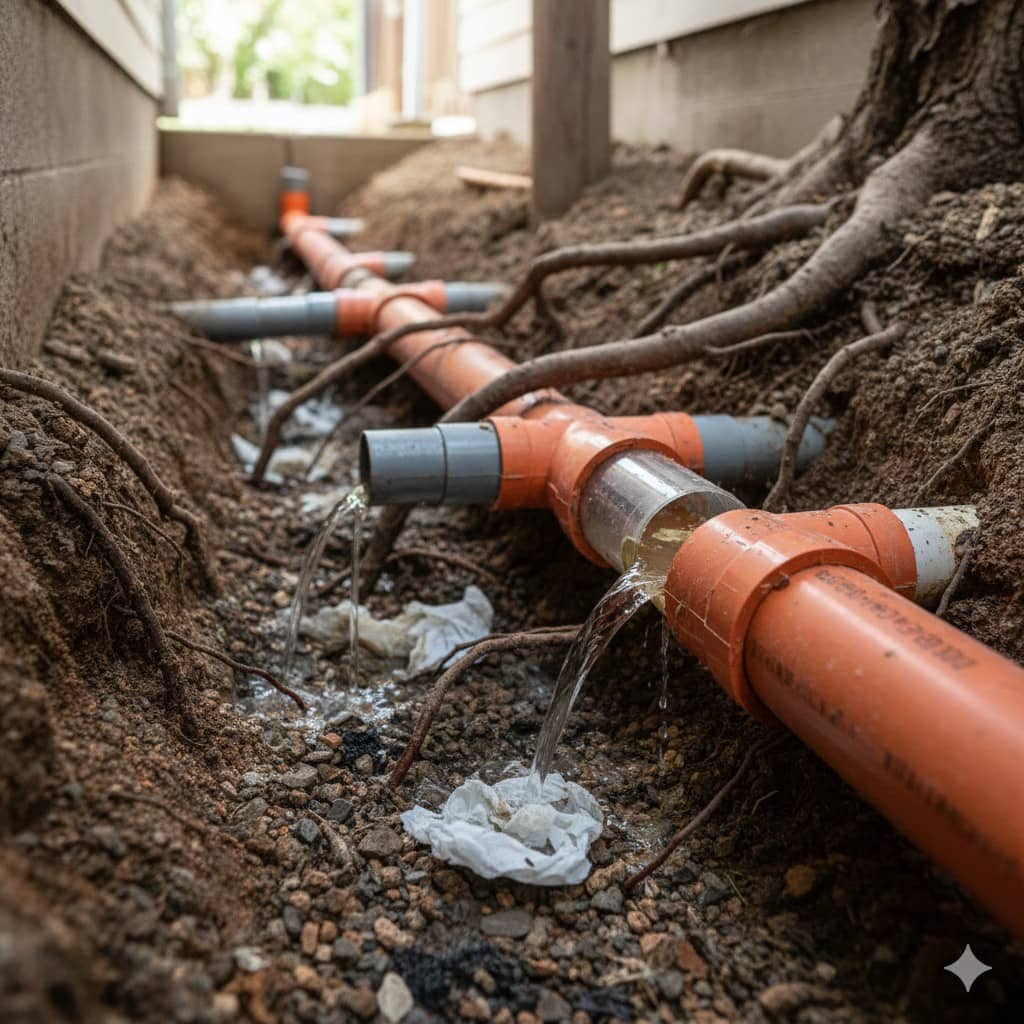 Underground sewage pipe with visible leaks and water spilling out due to damage caused by invasive tree roots.