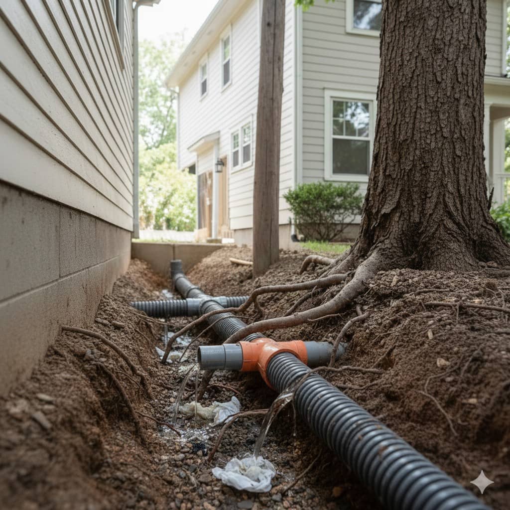 Corrugated yard drainage pipe leaking due to tree root intrusion near residential buildings.