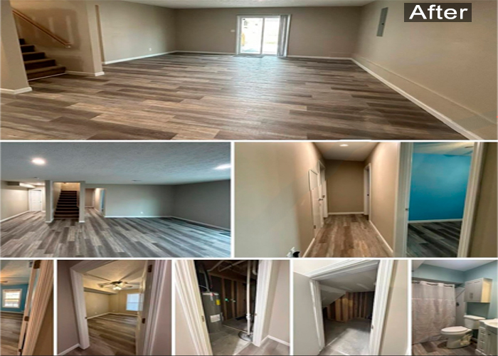 Collage of remodeled basement photos showing finished flooring, painted walls, updated lighting, modern bathroom, and new living and hallway areas.