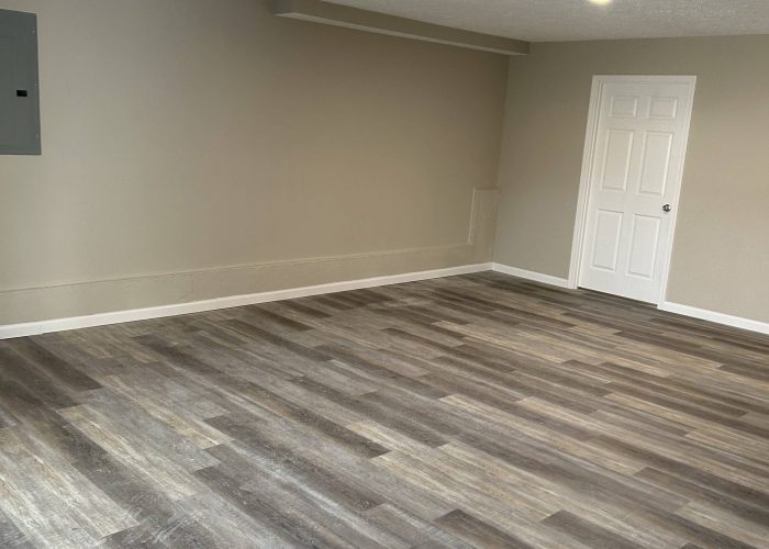 Finished basement room with gray-brown vinyl plank flooring, beige walls, white trim, and recessed ceiling lights.