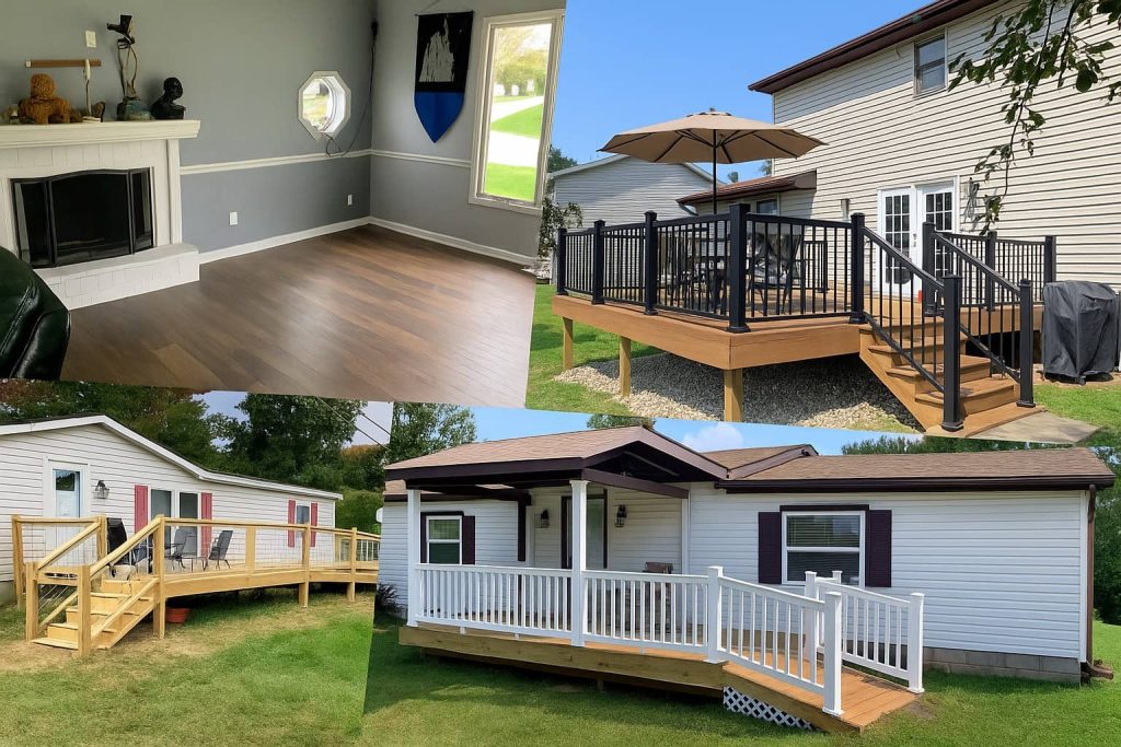 Collage of home remodeling projects including a hardwood-floored living room, elevated patio deck with black railings, and two houses featuring accessible wooden and vinyl entry ramps.