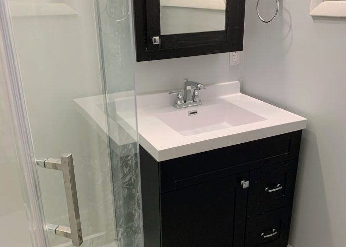 Modern bathroom with a dark vanity and white sink, glass shower enclosure, geometric patterned tile flooring, and wall-mounted mirror cabinet.