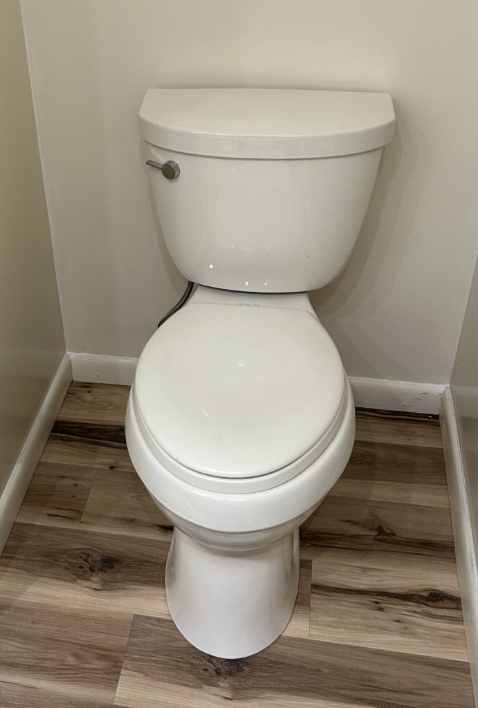 Modern white two-piece toilet installed against cream walls on a vinyl plank wood-look floor.