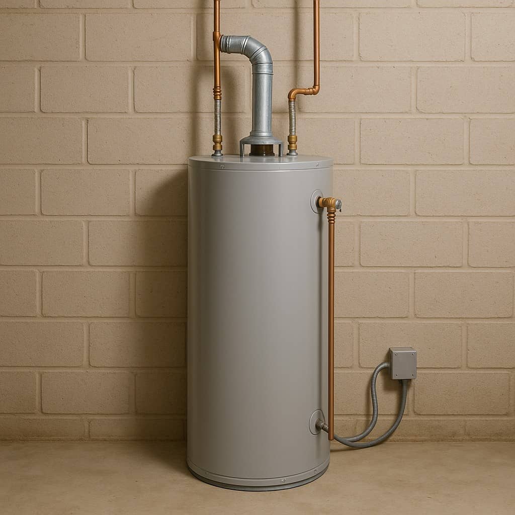 Residential gas water heater with copper piping and vent pipe installed in a concrete basement with cinder block walls.