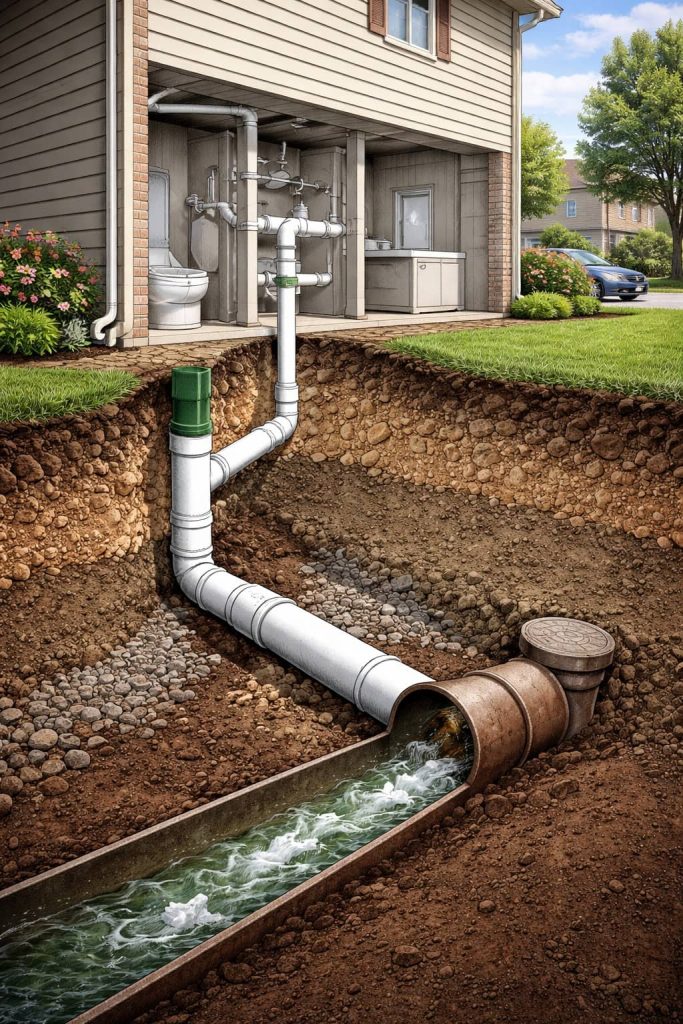 Cutaway illustration of a residential home showing indoor plumbing connected to an underground sewer line system, leading to a main drainage pipe.