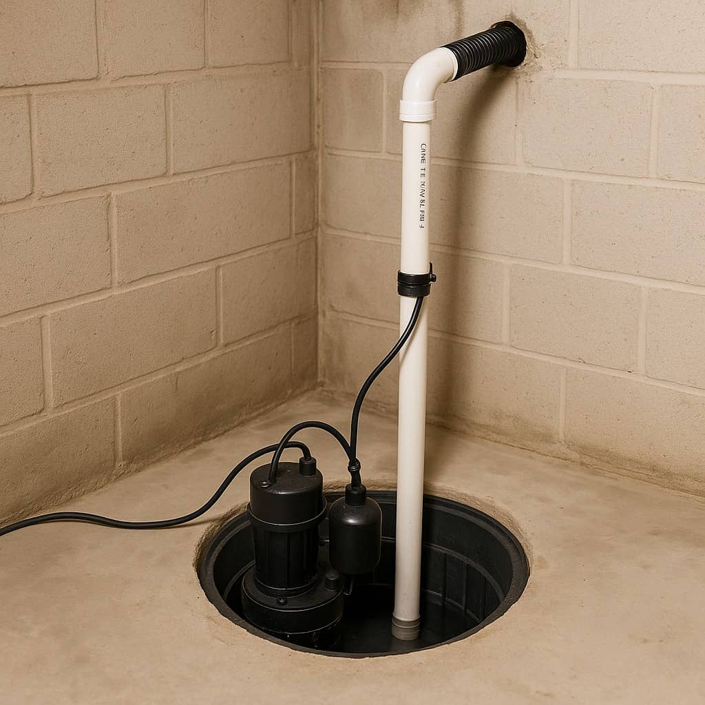 Sump pump system installed in a concrete basement corner with vertical PVC discharge pipe and power cords.