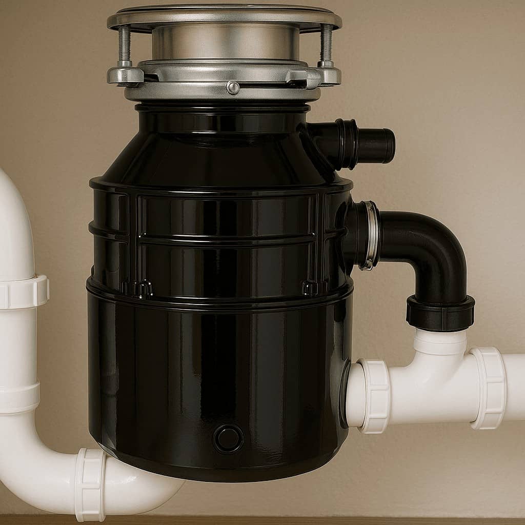 Black under-sink garbage disposal unit connected to white PVC plumbing pipes against a beige wall.