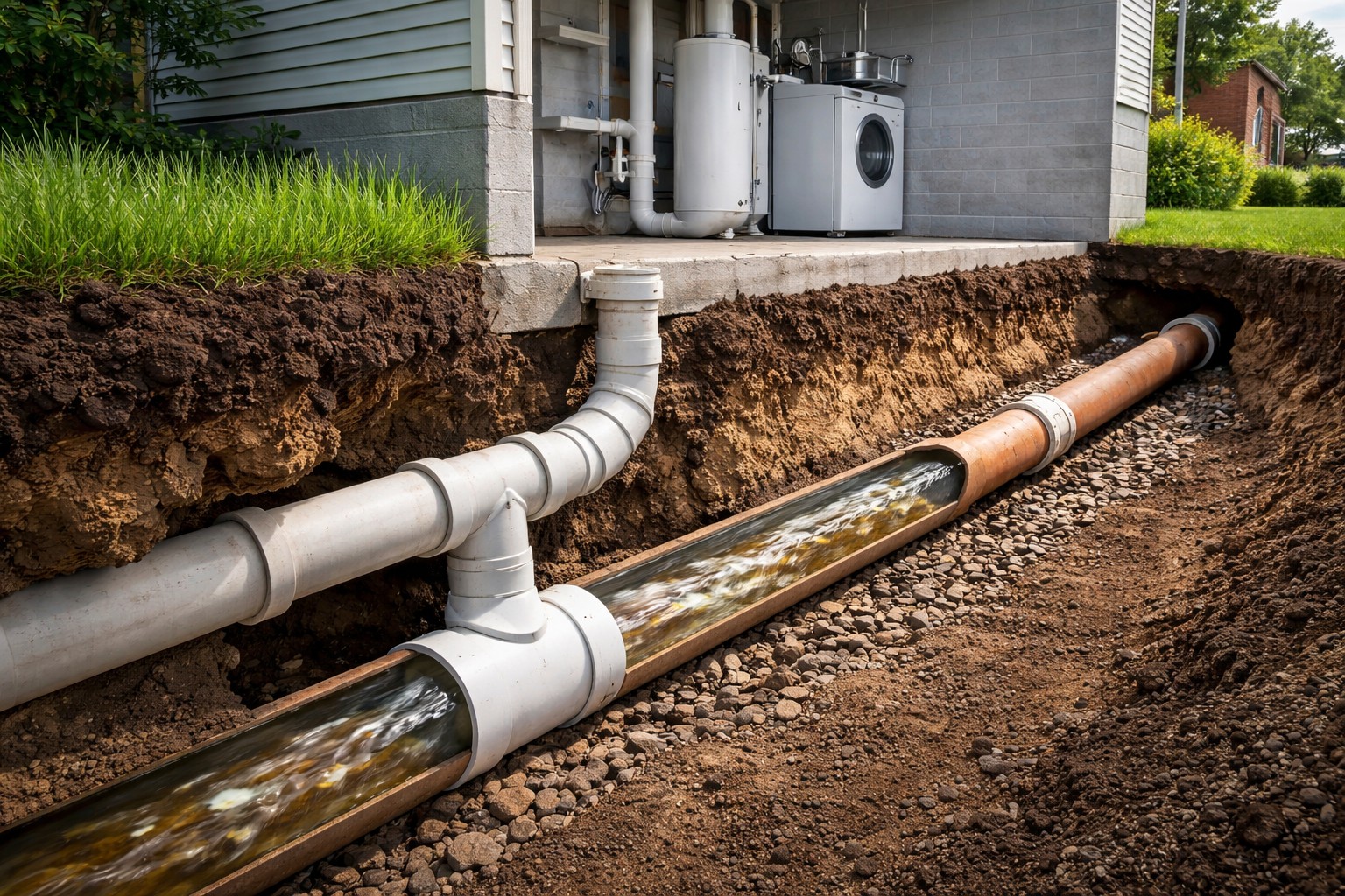 Cutaway view of a residential underground drainage system showing wastewater flowing through transparent pipes connected to home plumbing.